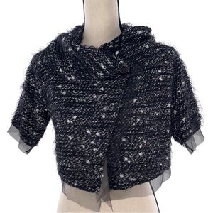 Tarnish Italy Black Bouclé Knit Cropped Jacket with Tulle Trim – S/M
